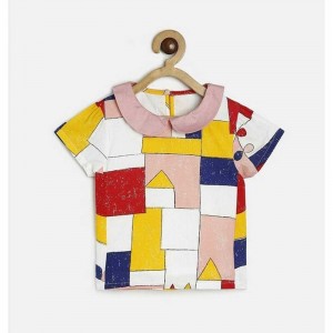 Miniklub Colourblock printed Casual Half Sleeves Round Neck Top - White/Pink, 3-6m